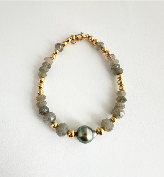 14k gold filled labradorite + Tahitian pearl bracelet