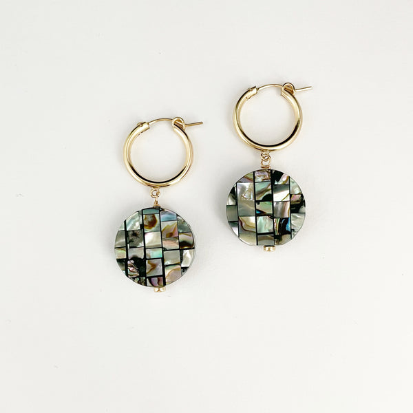 Abalone Black mosaic Pearl 14k gold filled hoops