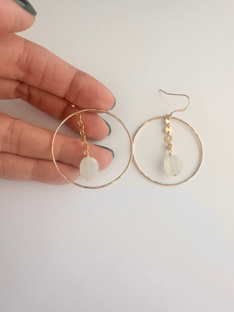 14k gold filled white moonstone drop hoops