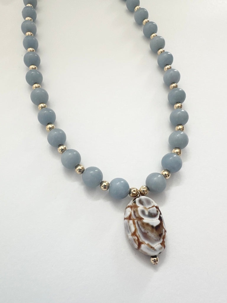 Blue Angelite necklace with spotted agate charm