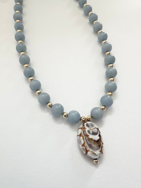 Blue Angelite necklace with spotted agate charm