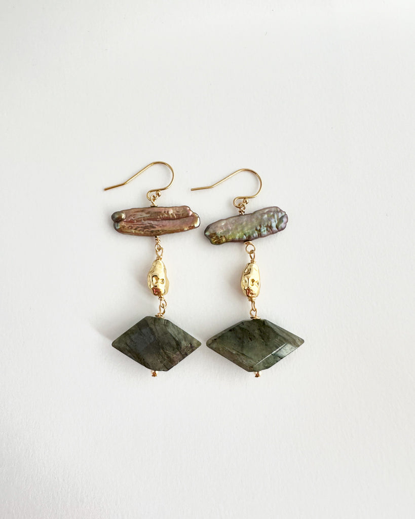 Pearl, nugget + labradorite earrings