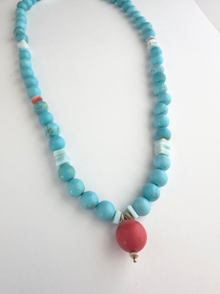 Turquoise howlite + coral accent necklace