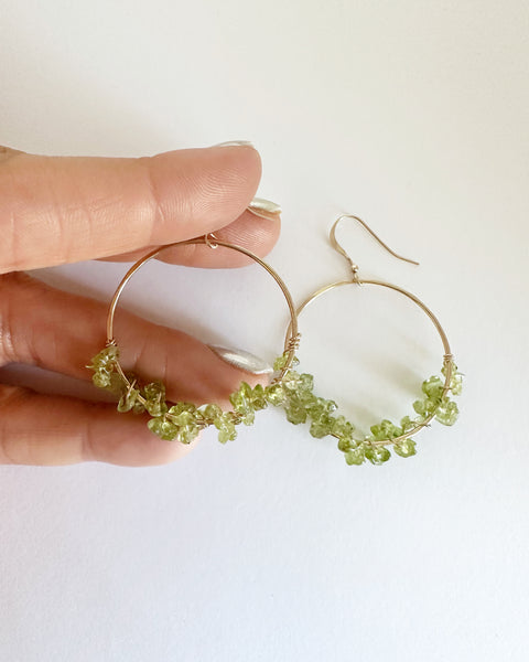 Peridot wrapped hoops - 14k gold filled
