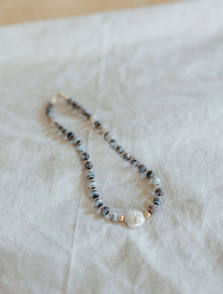 beaded Marbleized agate + pearl necklace