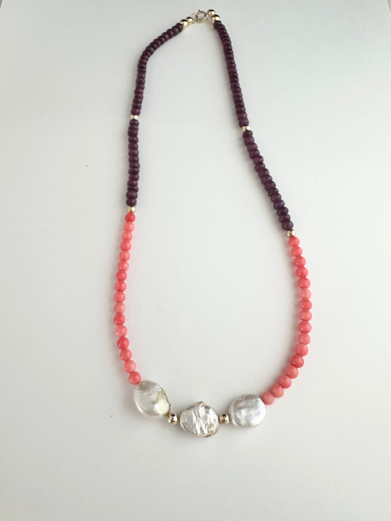 Coral, garnet + freshwater pearl necklace
