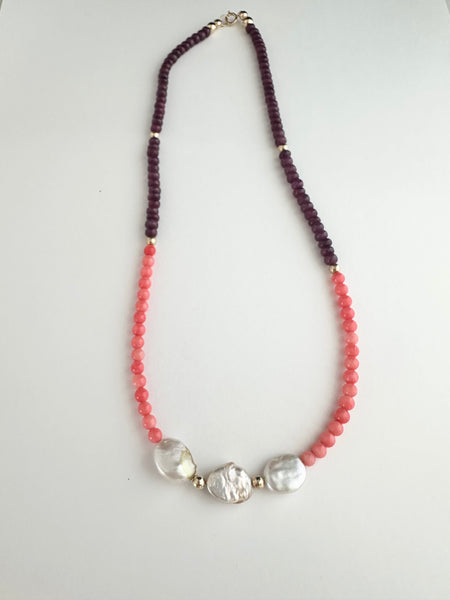 Coral, garnet + freshwater pearl necklace