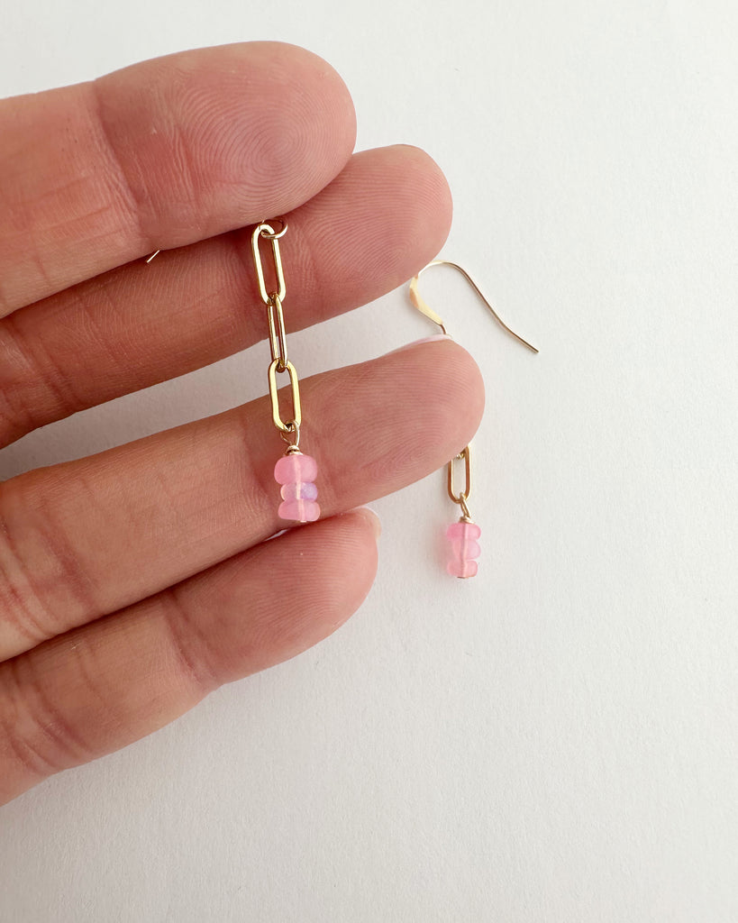 Pink Ethiopian Opal dainty paperclip earrings
