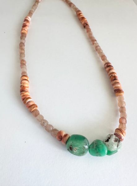 Peach moonstone + chrysoprase necklace