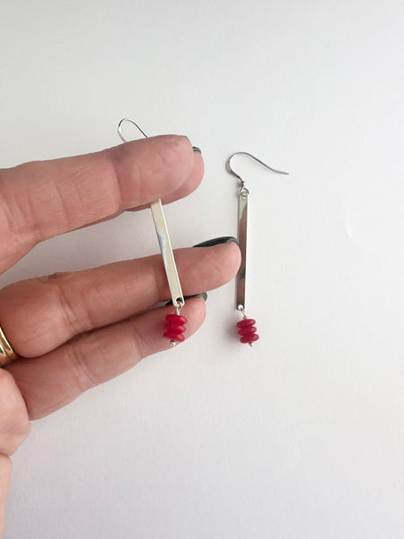 Sterling silver bar earrings with red accents