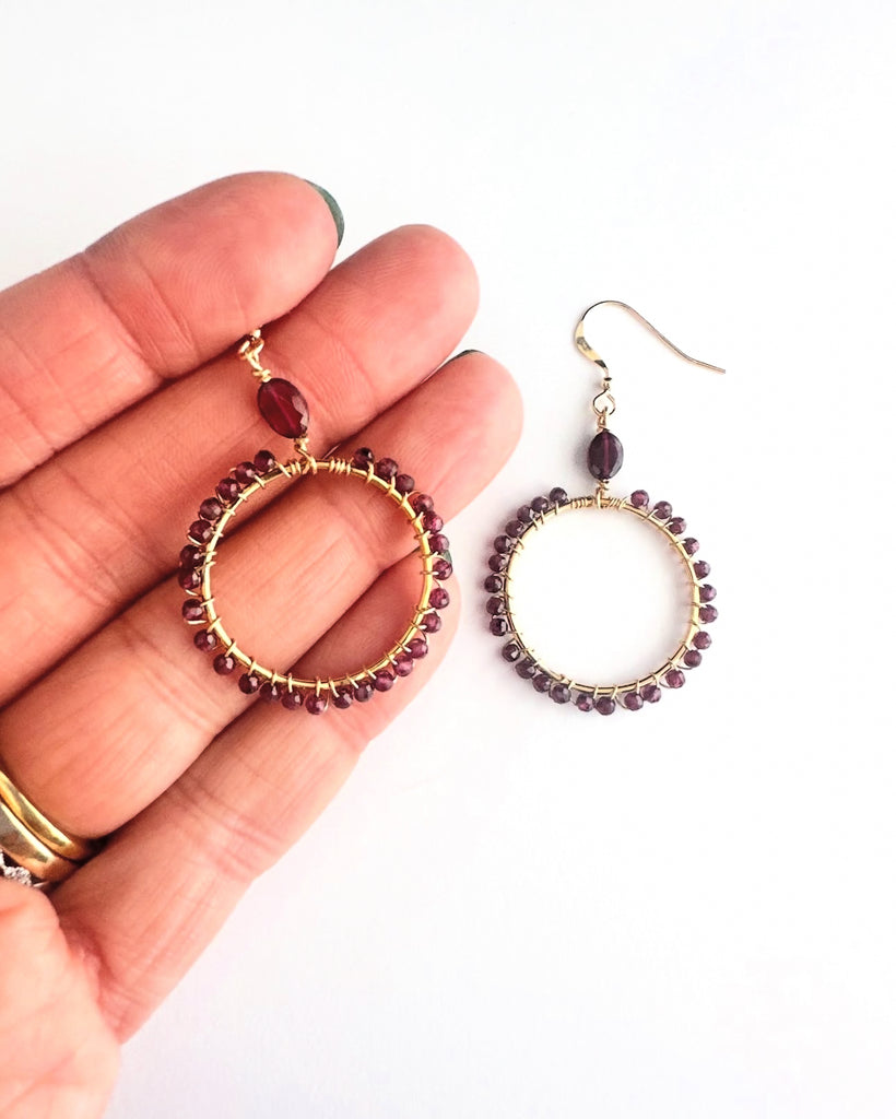 14k gold filled garnet wrapped hoops