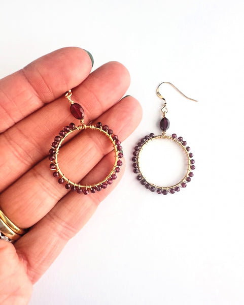 14k gold filled garnet wrapped hoops
