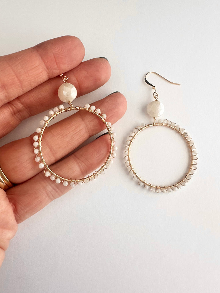 14k gold filled large moonstone wrapped hoops