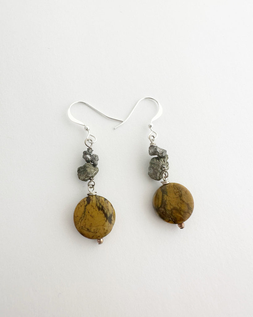 Sterling silver Jasper + raw pyrite earrings