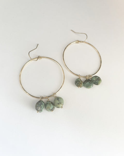 Raw Turquoise large hammered hoops