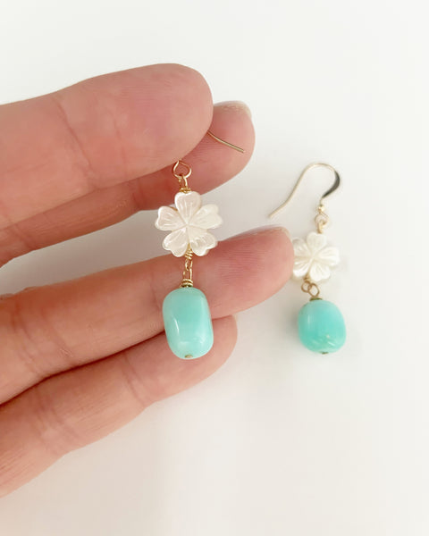 Blue Peru Opal + flower dainty earrings