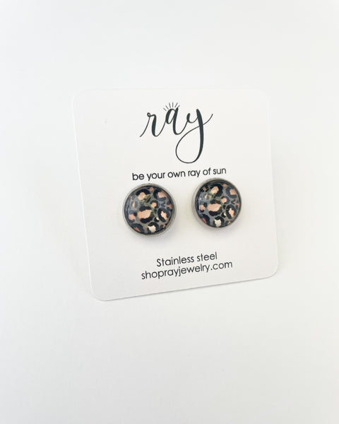 Studs - Grey + Peach leopard print - large