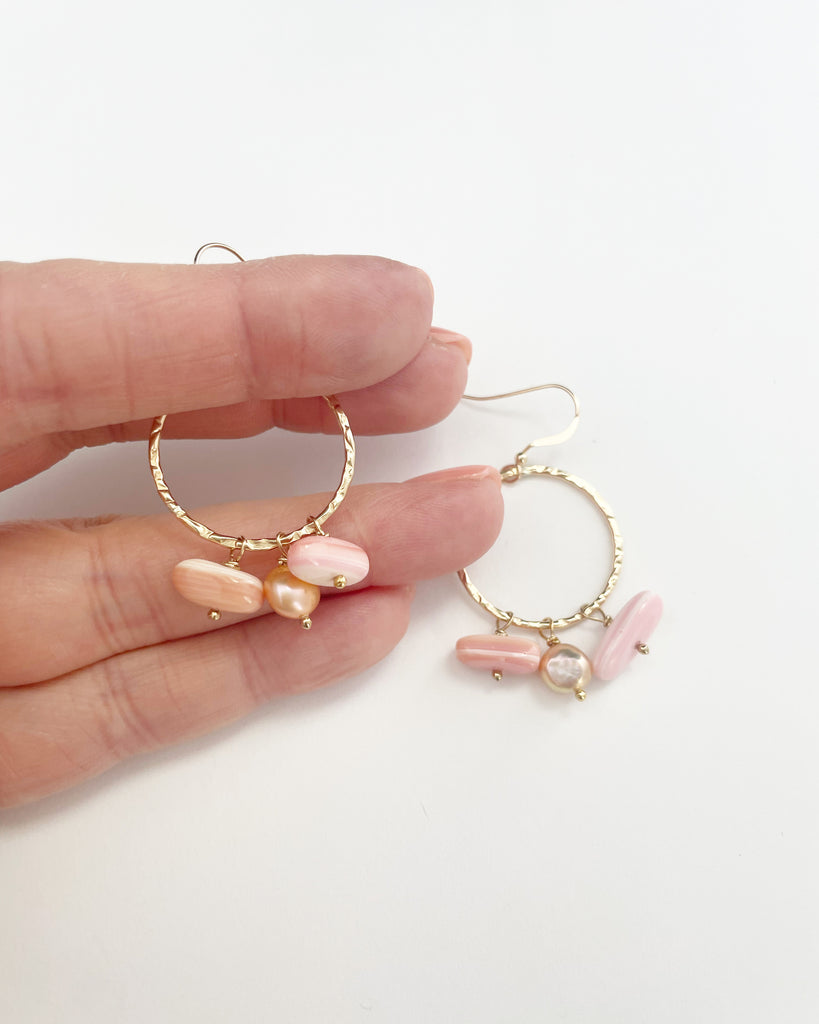 Mixed Pink Pearl + shell 14k gold filled hammered hoops