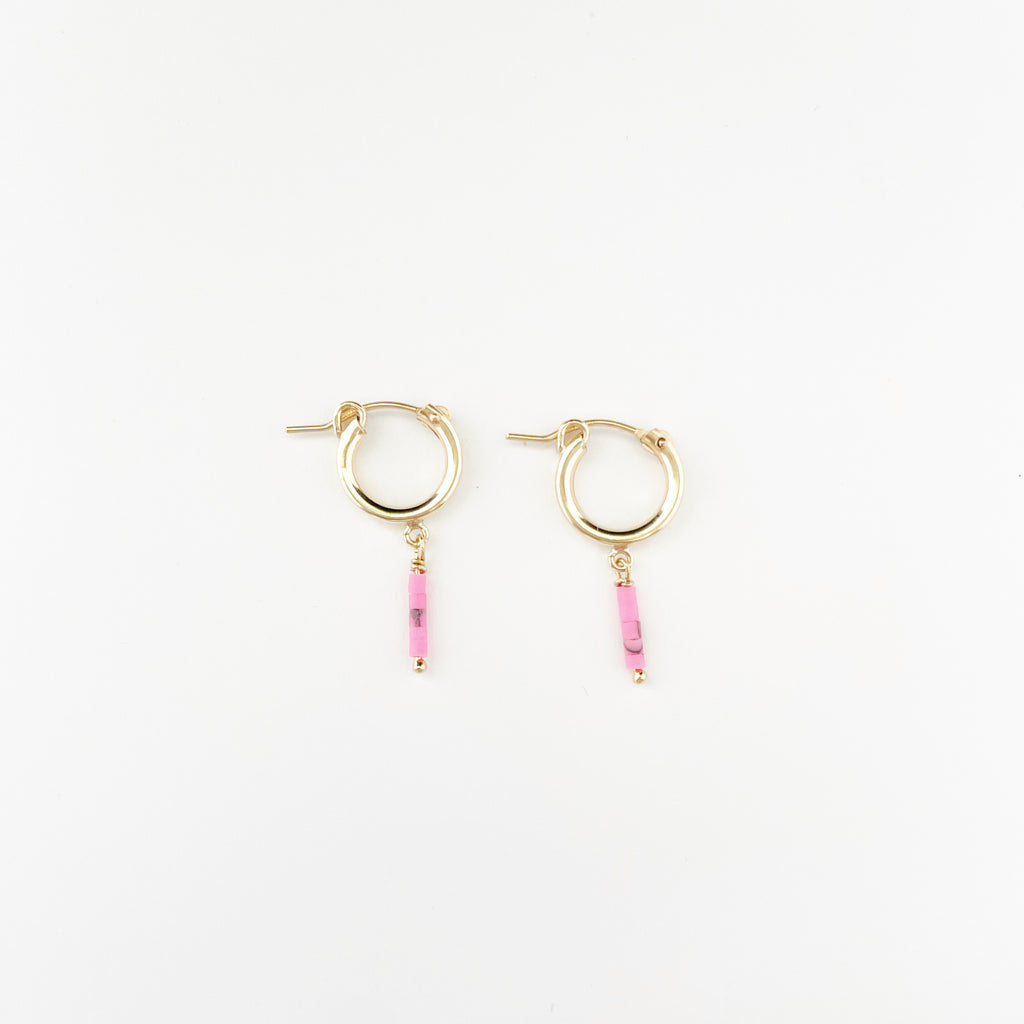 Pink turquoise 14k gold filled huggie Hoops